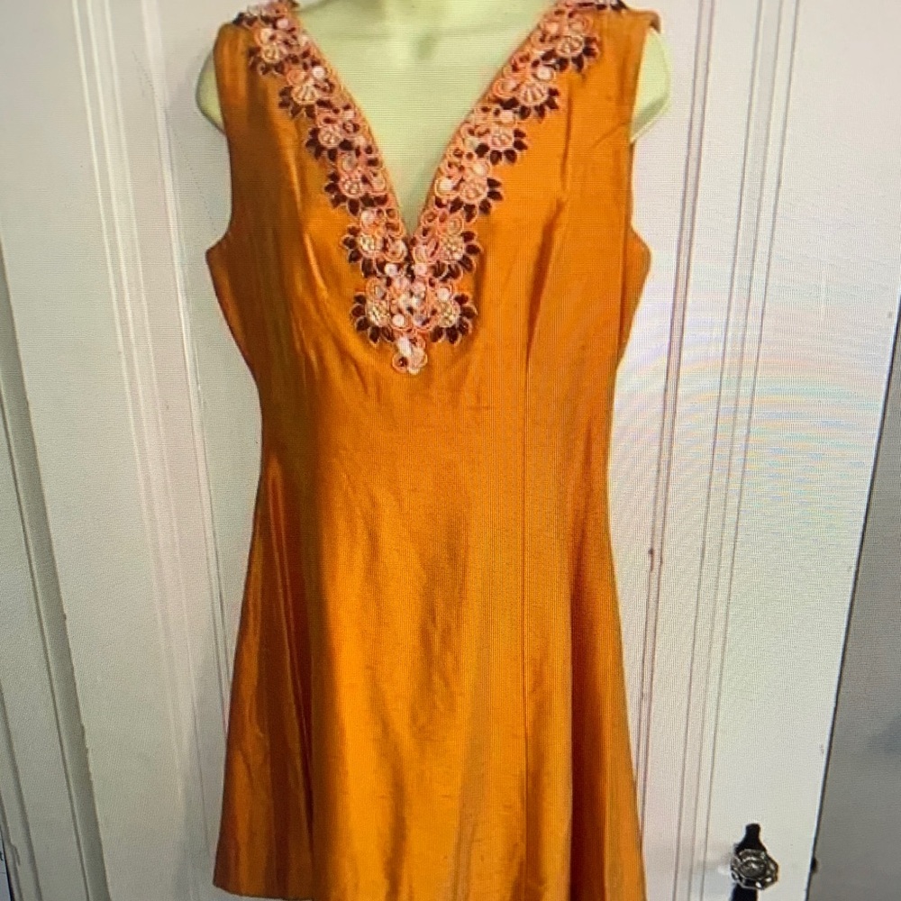 Tailor Vintage Orange Midi Dress with Floral Detail